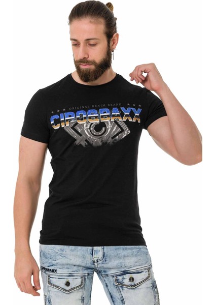 CT721 Renkli Taşlı Siyah Basic Tişört