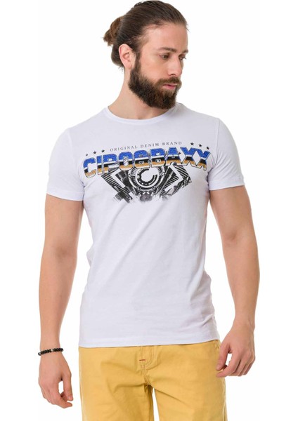 CT721 Renkli Taşlı Beyaz Basic Tişört