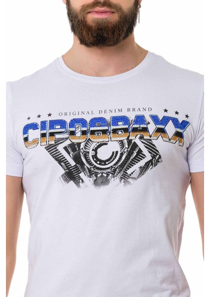 CT721 Renkli Taşlı Beyaz Basic Tişört modelleri