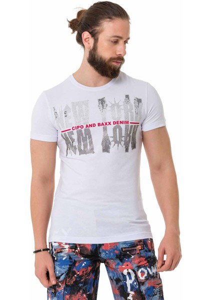 CT733 Taşlı New York Beyaz Tişört