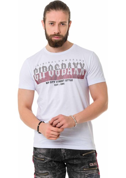 CT731 Taşlı Kontrast Font Beyaz Tişört