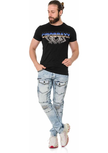 CT721 Renkli Taşlı Siyah Basic Tişört indirimleri