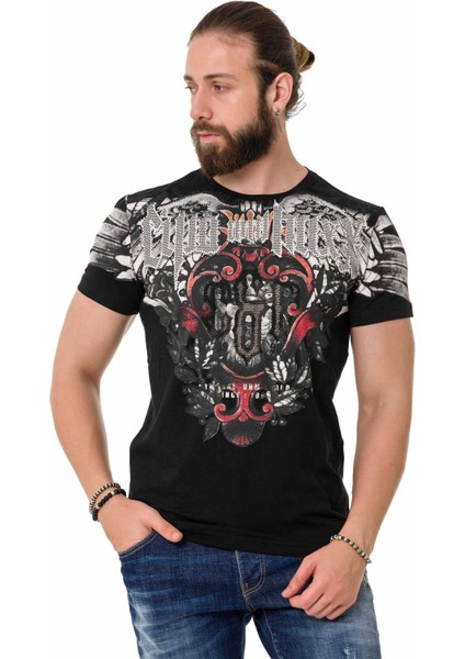 CT728 Taşlı Vintage Baskı Siyah Tişört