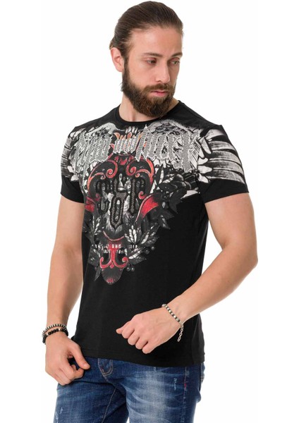 CT728 Taşlı Vintage Baskı Siyah Tişört fiyatları