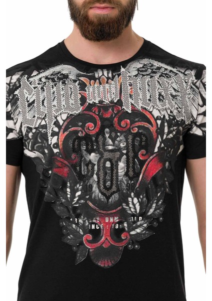 CT728 Taşlı Vintage Baskı Siyah Tişört modelleri