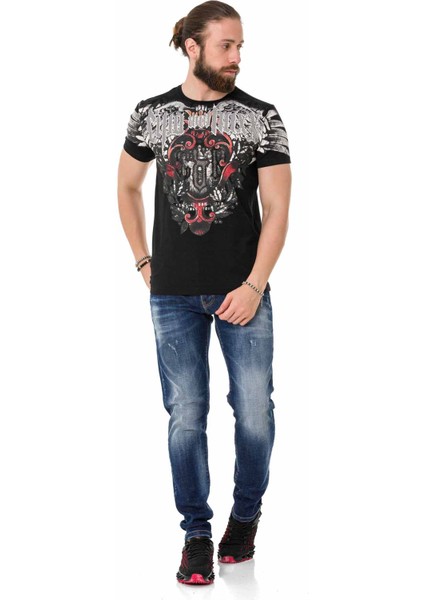 CT728 Taşlı Vintage Baskı Siyah Tişört indirimleri