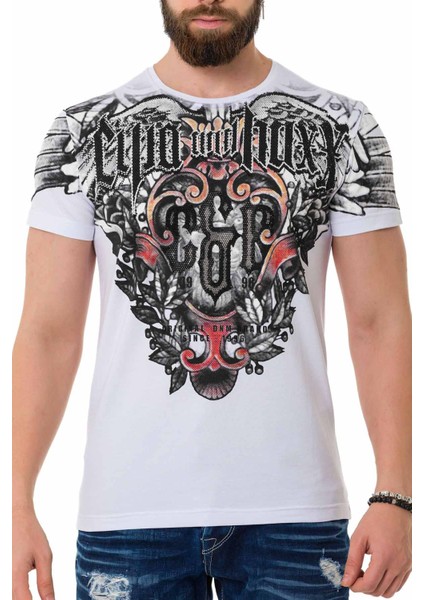 CT728 Taşlı Vintage Baskı Beyaz Tişört modelleri