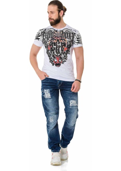 CT728 Taşlı Vintage Baskı Beyaz Tişört indirimleri