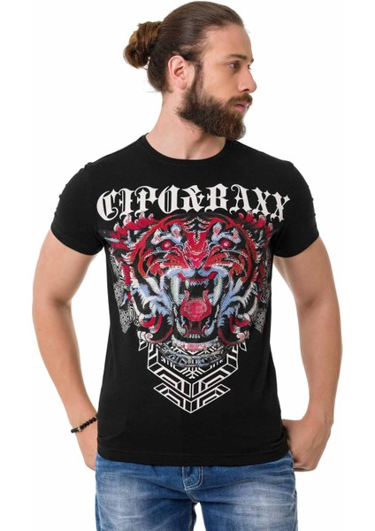 CT729 Taşlı Kaplan Desenli Siyah Tişört