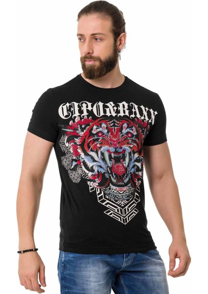 CT729 Taşlı Kaplan Desenli Siyah Tişört fiyatları