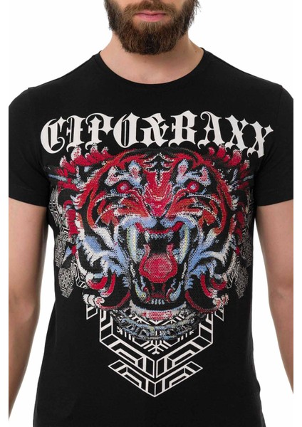 CT729 Taşlı Kaplan Desenli Siyah Tişört modelleri