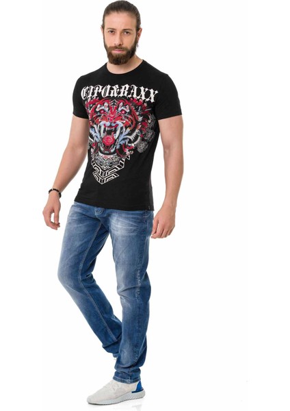 CT729 Taşlı Kaplan Desenli Siyah Tişört indirimleri