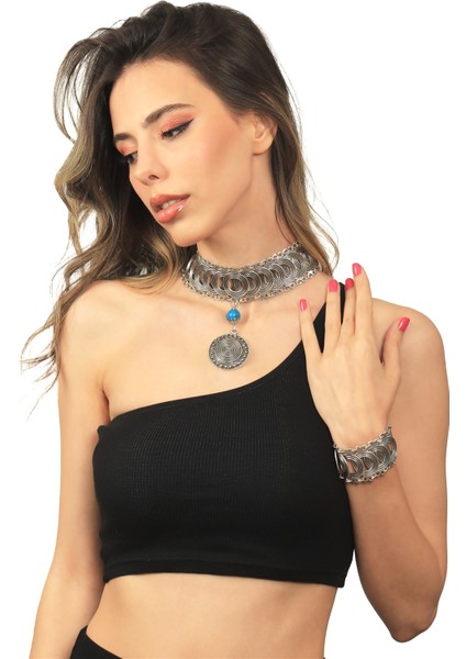 Kadın Antik Gümüş Kaplama Turkuaz Doğal Taşlı Illüzyon Model Choker & Bileklik Set