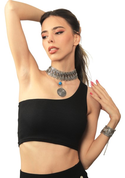 Kadın Antik Gümüş Kaplama Turkuaz Doğal Taşlı Illüzyon Model Choker & Bileklik Set