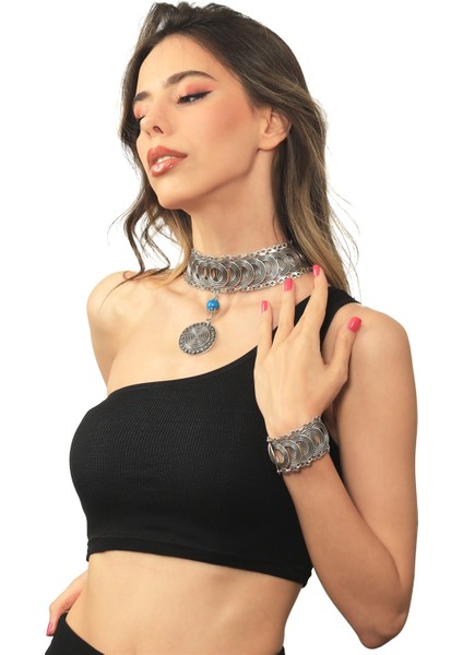 Kadın Antik Gümüş Kaplama Turkuaz Doğal Taşlı Illüzyon Model Choker & Bileklik Set