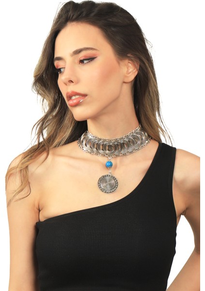 Kadın Antik Gümüş Kaplama Turkuaz Doğal Taş Detaylı Illüzyon Model Choker fiyatları