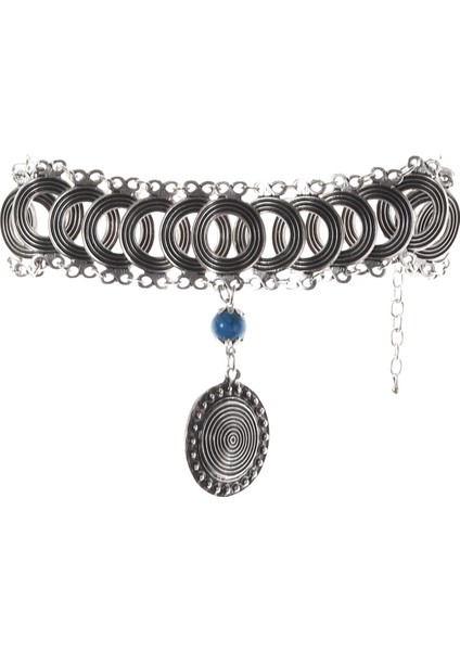 Kadın Antik Gümüş Kaplama Turkuaz Doğal Taş Detaylı Illüzyon Model Choker indirimleri
