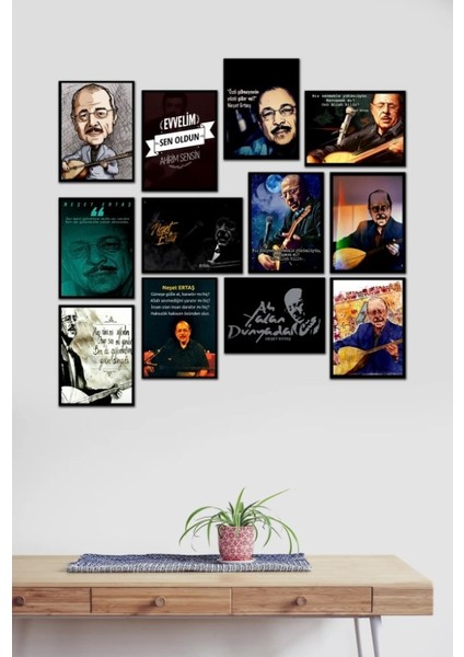 Neşet Ertaş Set Siyah Çerçerve Görünümlü Duvar Tablosu Retro Ahşap Poster