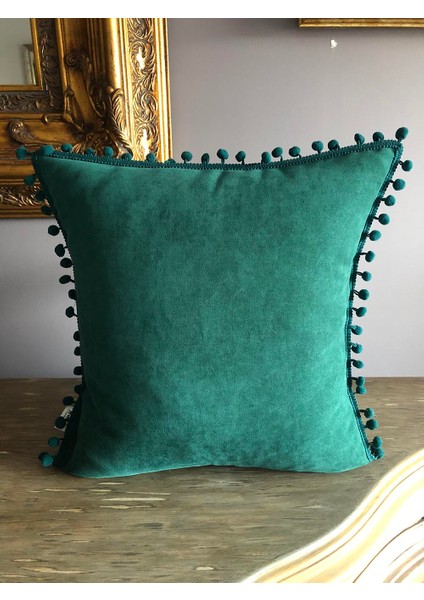 Zümrüt Yeşili Ponponlu Yastık Kılıfı (Kare)