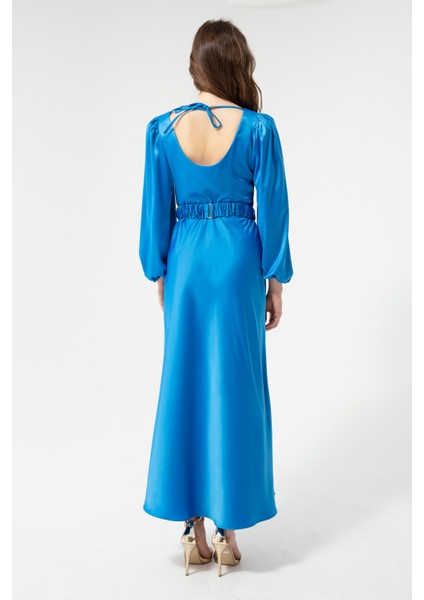 Kadın Indigo Uzun Balon Kollu Nişan Elbisesi indirimleri