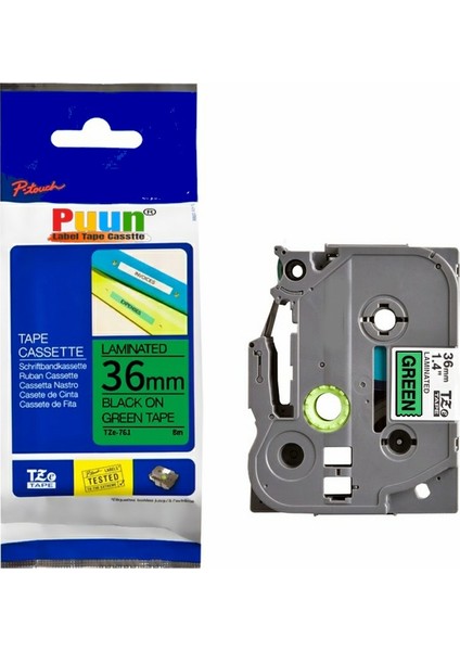 Brother P-Touch TZE-761 36MM x 8m Yeşil Üzerine Siyah Muadil Laminasyon Etiket Şeridi