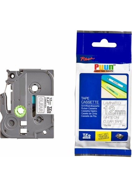 Brother P-Touch TZE-135 12MM x 8m Şeffaf Üzerine Beyaz Muadil Laminasyon Etiket Şeridi