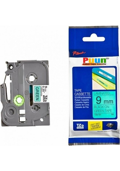 Brother P-Touch TZE-721 9mm x 8m Yeşil Üzerine Siyah Muadil Laminasyon Etiket Şeridi