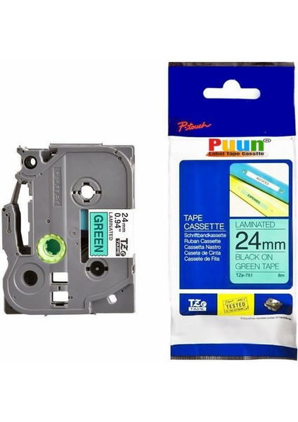 Brother P-Touch TZE-751 24MM x 8m Yeşil Üzerine Siyah Muadil Laminasyon Etiket Şeridi