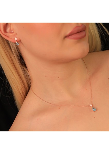 925 Ayar Gümüş Aquamarine Taşlı Damla Kolye Küpe Set