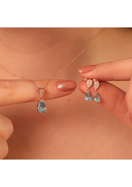 925 Ayar Gümüş Aquamarine Taşlı Damla Kolye Küpe Set