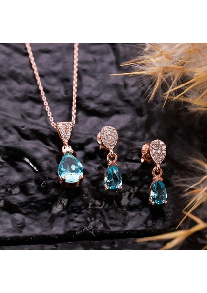 925 Ayar Gümüş Aquamarine Taşlı Damla Kolye Küpe Set