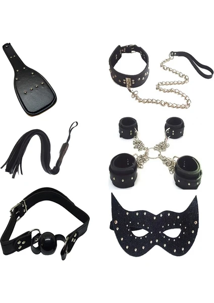 Siyah Fantezi Boyun Tasması El Ayak Kelepçe Kırbaç Şaplak Ağız Topu Göz Maskesi + Erotik Masaj Yağı(Black Fancy Neck Collars Hand Foot Handcuffs Whip Spanking Mouth Ball Eye Mask + Massage Oil)