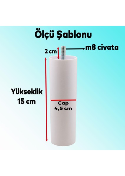 Mobilya Kanepe Koltuk Baza Yükseltici Yükseltme M8 Civatalı Vidalı Orta Destek Ayağı Ayak Beyaz 15cm