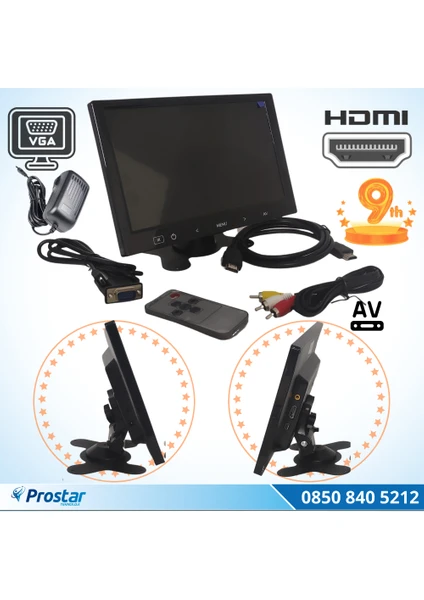 Güvenlik Kamera Monitörü 9" Ekran HDMI VGA Av Girişli LCD Ek