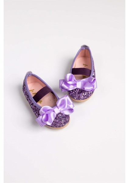 Lila Fiyonklu Simli Kız Çocuk Ayakkabı