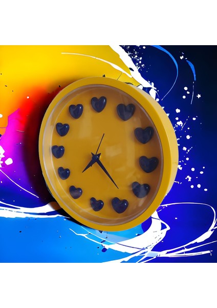 Sarı Lacivert Taraftar Kalpli 3D Duvar Salon Ofis Saati 22 cm Plastik B4