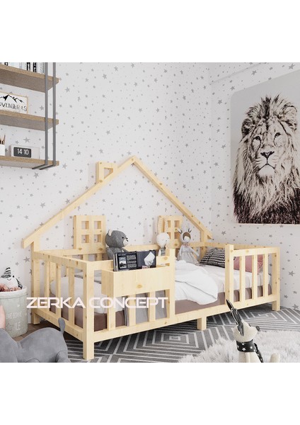 Eva Ithal Ladin Ahşap Çatılı Montessori Çocuk Karyola 120 x 200 cm