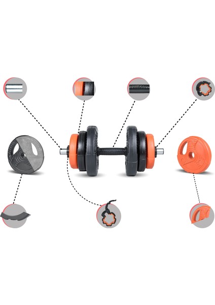 Ecgspor 12 kg Grip Plate Dumbbell Set -10 kg Plate+2x1 kg Dambıl Seti Turuncu-Siyah