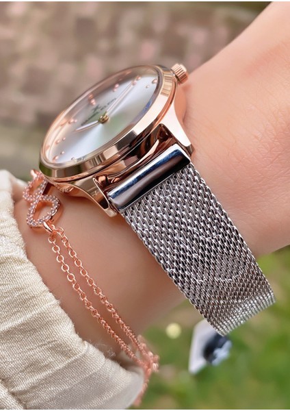 Rose Gümüş Renk Hasır Çelik Kordon Kadın Kol Saati modelleri