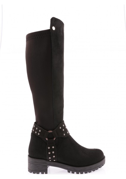 607 Kadın Bilek Tokalı Zincir Detaylı Arkası Stretch Knee High Flats Çizme