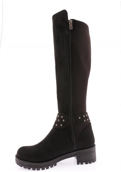 607 Kadın Bilek Tokalı Zincir Detaylı Arkası Stretch Knee High Flats Çizme modelleri