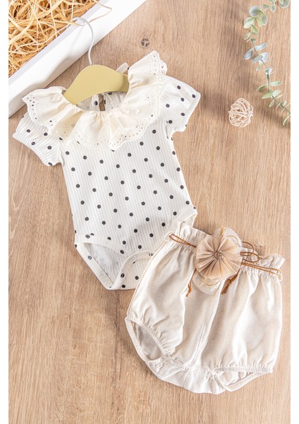 Puantiye Desenli Güpürlü 2'li Kız Bebek Tulum Takım