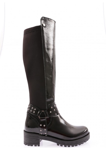 607-22K Kadin Bilek Tokali Zincir Detayli Arkasi Stretch Knee High Flats Çizme