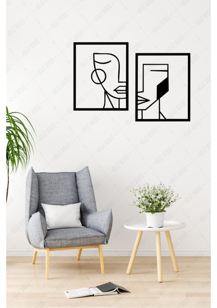2li Kadın Erkek Yüzü Minimalist Ahşap Tablo