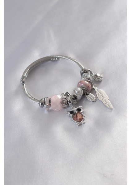 Çelik Charm Model Pembe Baykuş Figür Yaprak Detay Zirkon Taşlı Kadın Bileklik
