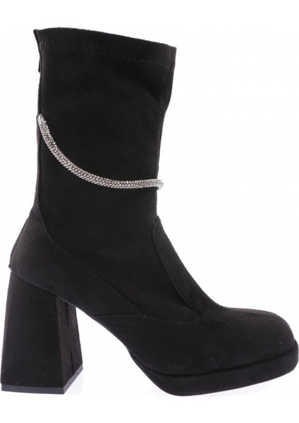 4064 Strech Yuvarlak Burun Platin Taş Aksesuarli Topuklu Kadin Çizme