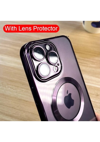 Iphone 14 Pro Max Uyumlu Kılıf Kamera Lens Korumalı Orta Logo Gösterir Halkalı Şeffaf Kapak