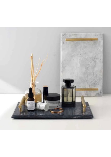 Lux & Marble Black Piazza - Siyah Mermer Pirinç Kulplu Tepsi fırsatları