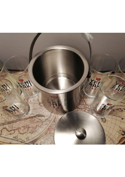 1937 Logolu Metal Buz Kovası ve 6 Adet Rakı Kadehi