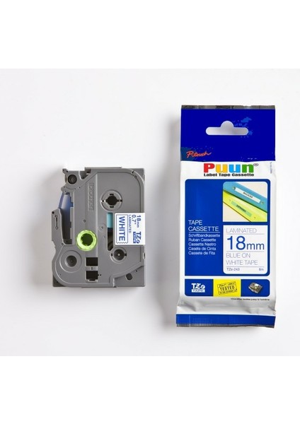 Brother P-Touch TZE-243 18MM x 8m Beyaz Üzerine Mavi Muadil Laminasyon Etiket Şeridi